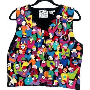 Michael Simon Embroidered Knit Colorful Vest Crowd People Black Small